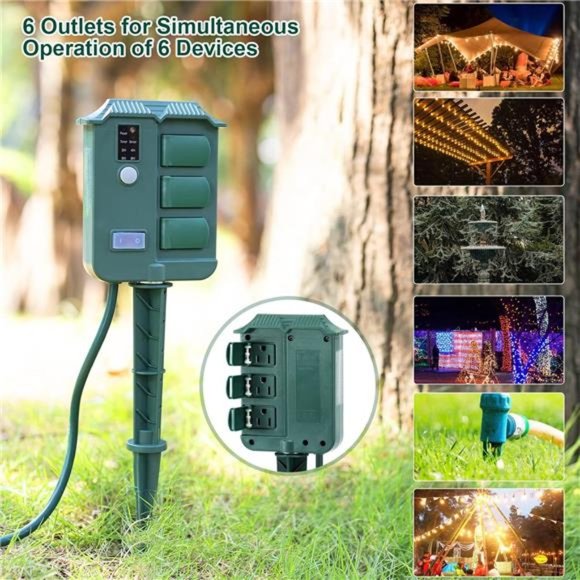 Outdoor Light Timer Waterproof, Dusk to Dawn Power Stake Timer, 6 Outlets - Picture 3 of 7